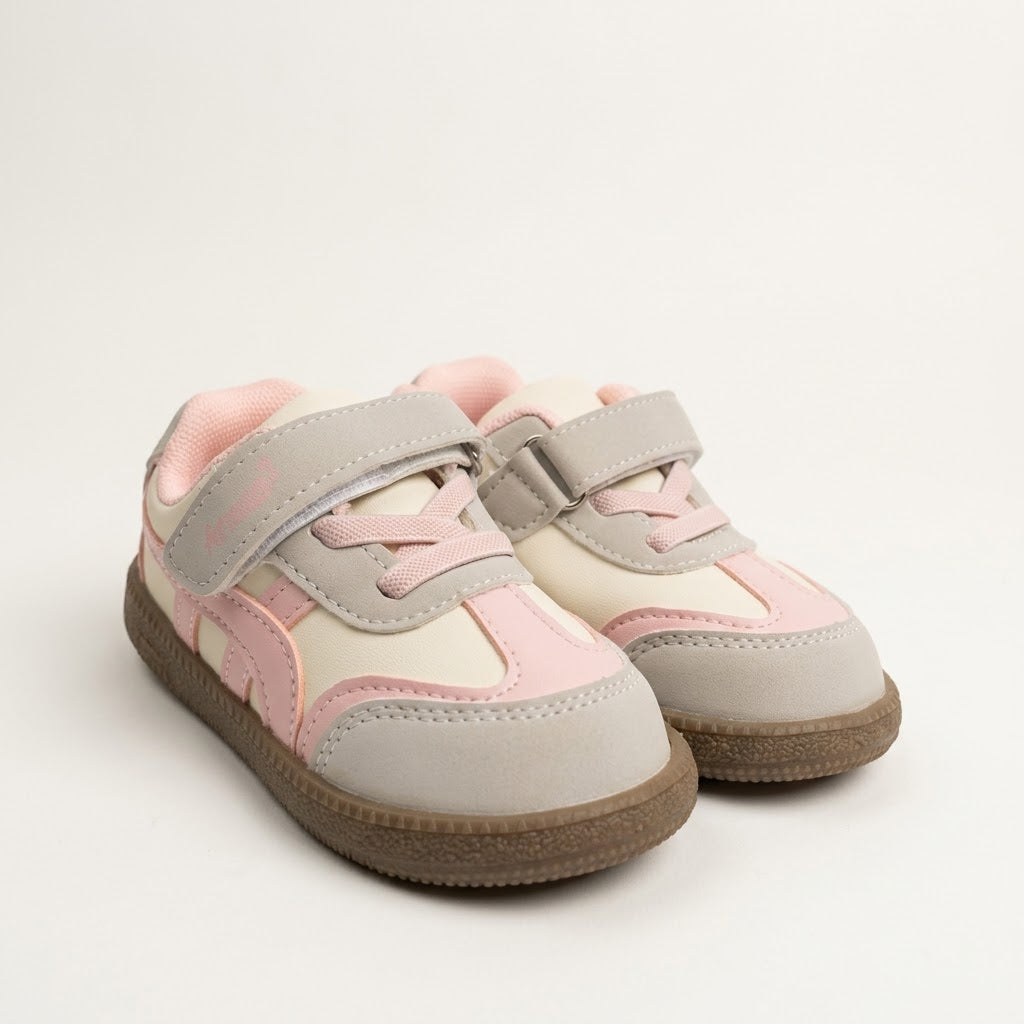 A pair of toddler sneakers in light gray, pink, and cream, featuring hook-and-loop straps and brown soles, photographed on a clean off-white background.