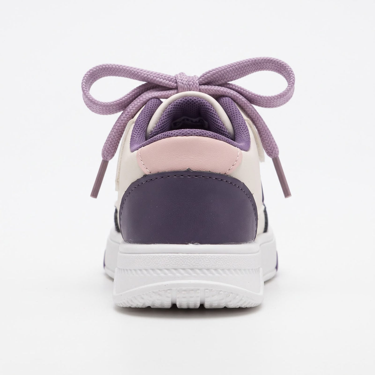 A low-top sneaker shown from the back, featuring lavender purple laces, a lavender heel counter, a light pink collar, and a white sole on a clean white background.