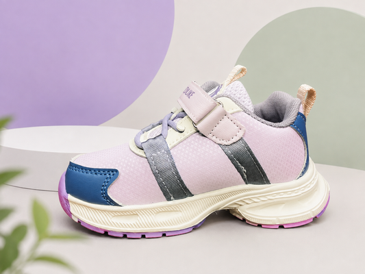 "Kids pastel purple and blue chunky sneakers with breathable mesh, hook and loop velcro strap, and non-slip rubber sole."