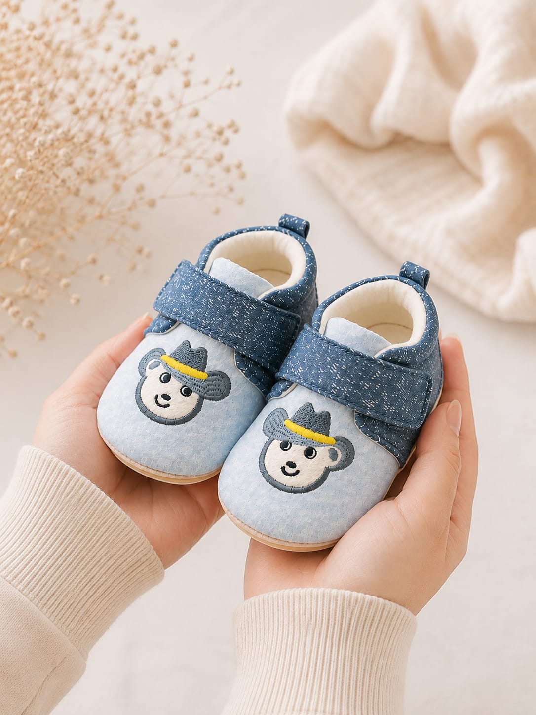 Cute Blue Denim First Walker Baby Shoes with Embroidered Cowboy Bear and Velcro Strap for Toddlers