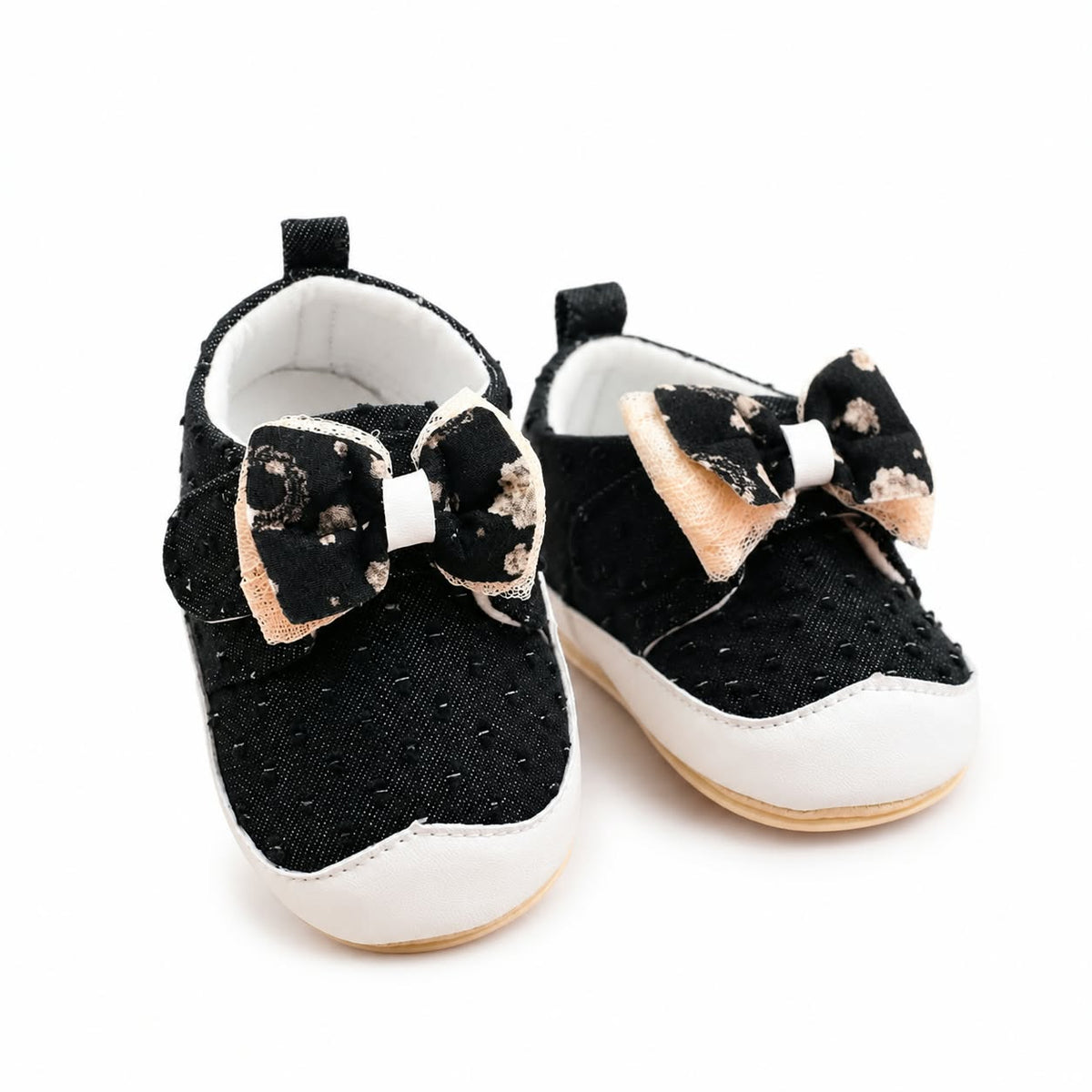 Cute black denim baby sneakers with large bow and white dots for infants and toddlers, soft anti-slip sole