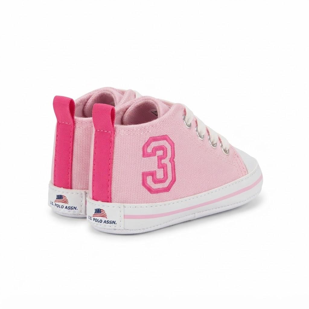 A pair of toddler's low-top canvas sneakers in light pink with hot pink accents, featuring a large hot pink number '3' on the side and white rubber soles. The brand 'R.