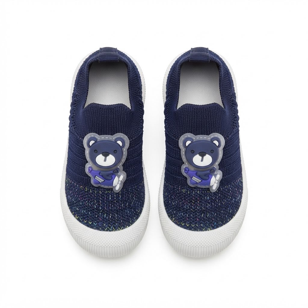 A pair of navy blue slip-on baby shoes with a textured knit upper, featuring a small embroidered bear character on the side and white rubber soles, shown against a plain white background.