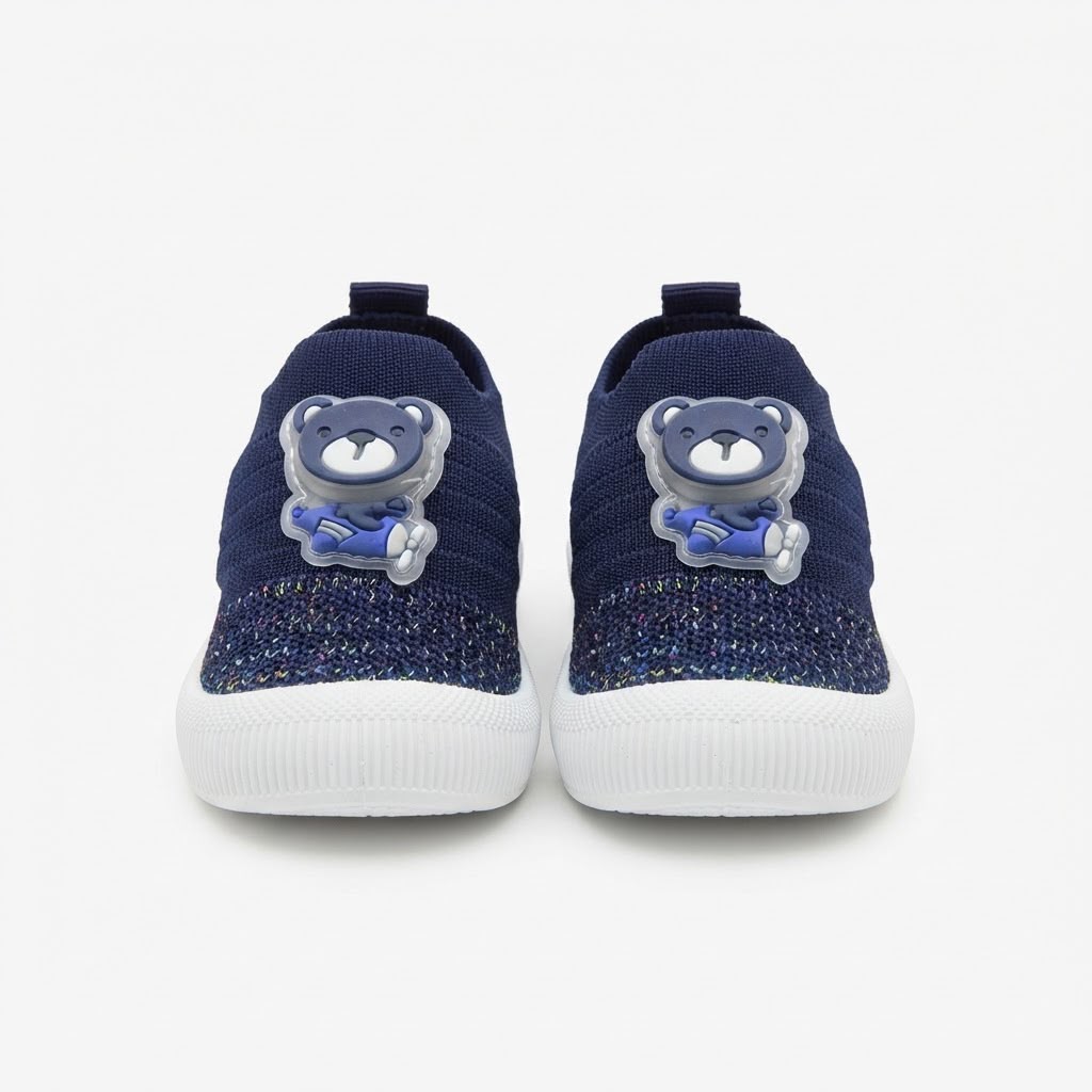 A pair of navy blue knit slip-on shoes with a 3D bear-shaped heel accent and white soles, shown from the back on a light gray background.