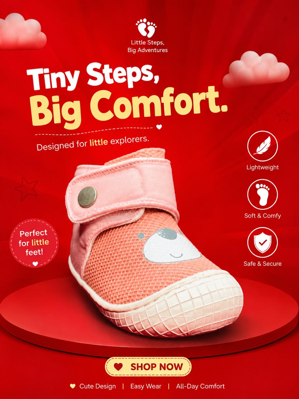 A pink mesh baby bootie with a velcro strap and a cute cartoon face on the toe, displayed on a red pedestal against a red promotional background with text and icons.
