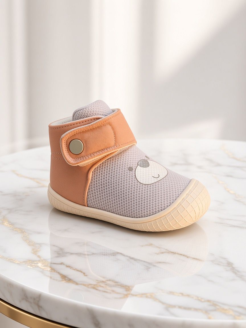 A baby bootie with a peach-colored strap and a light gray mesh body, featuring a cute bear face patch on the side, resting on a white marble table.