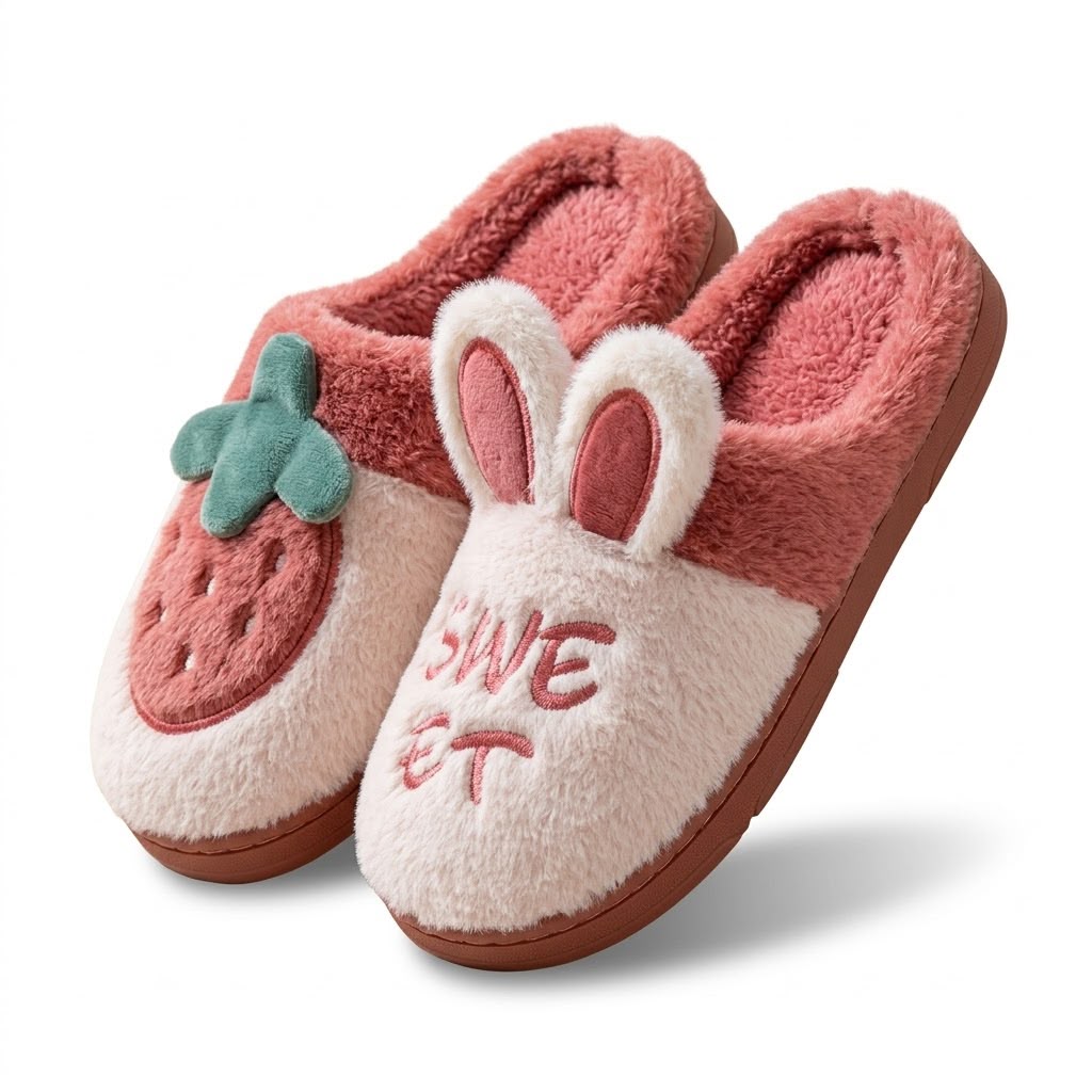 A pair of plush slip-on house slippers with a pink and cream color scheme. One slipper features a strawberry applique with a green leafy top, and the other features bunny ears and the word 'SWEET' embroidered on the side.