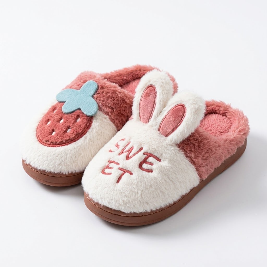 A pair of plush slip-on slippers with a strawberry and bunny design. One slipper features a white fuzzy toe with pink bunny ears and the word 'SWEET' in red, while the other features a pink strawberry with a light blue flower on a white base.