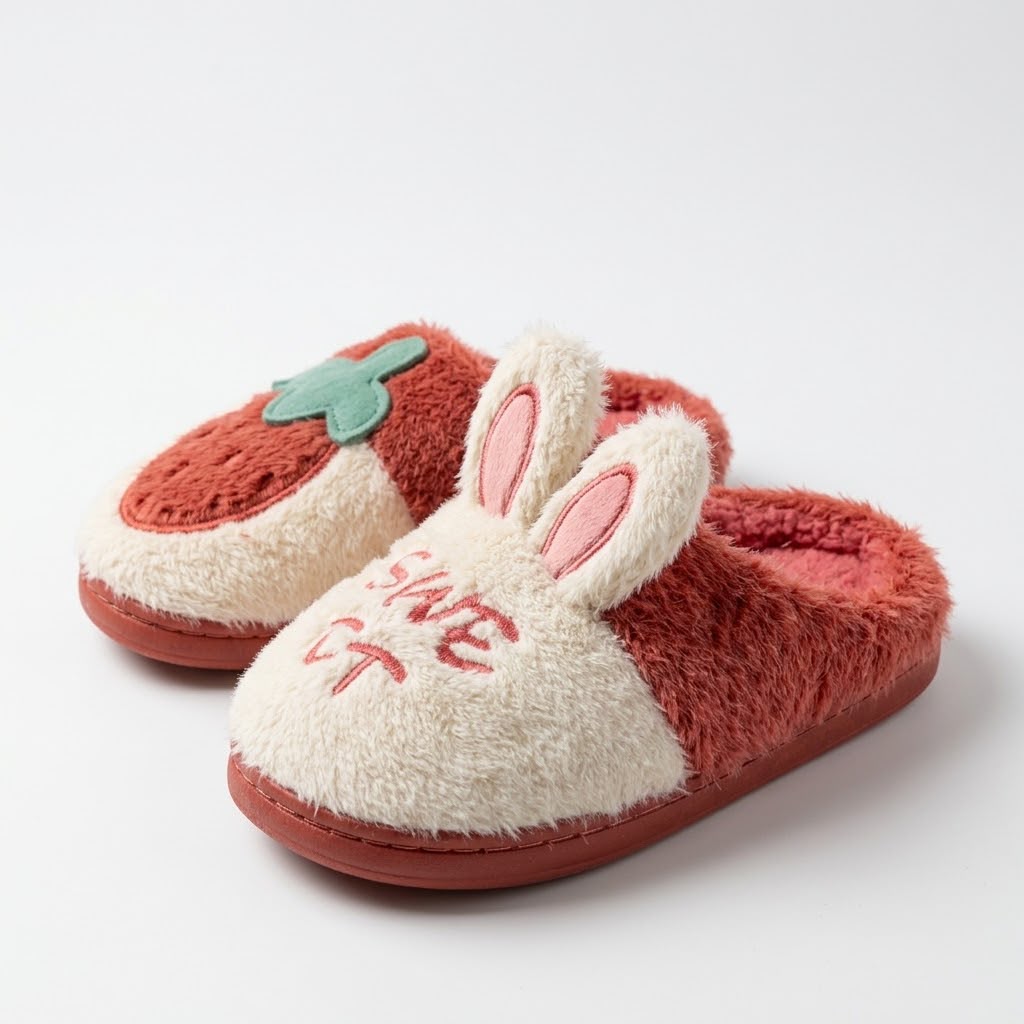 A pair of plush slip-on slippers with bunny ears on the front, embroidered with 'Bunny' in red. One slipper features a strawberry motif with a green leaf, and both have reddish-brown soles, set against a plain light gray background.