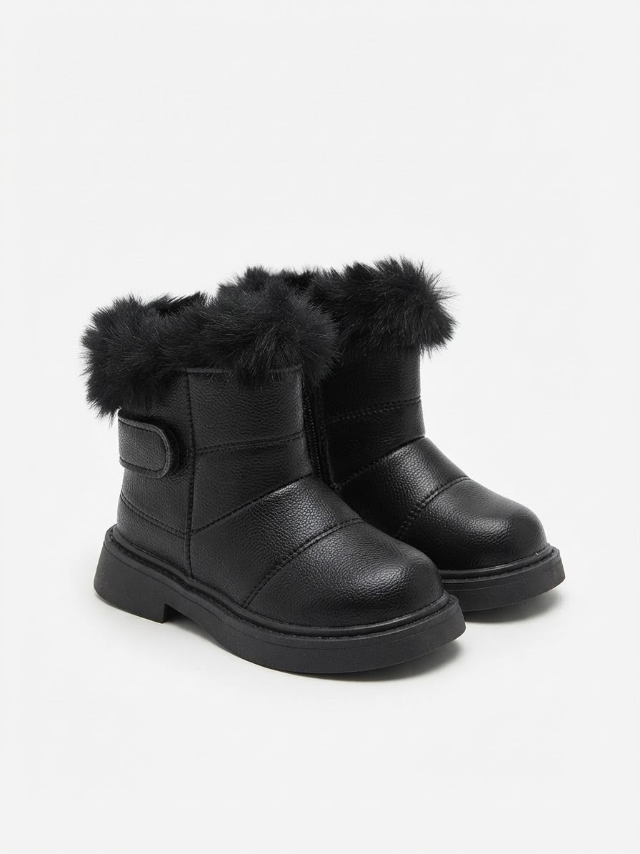 A pair of black faux-leather ankle boots with fluffy black faux-fur trim around the collar, shown on a clean white background.