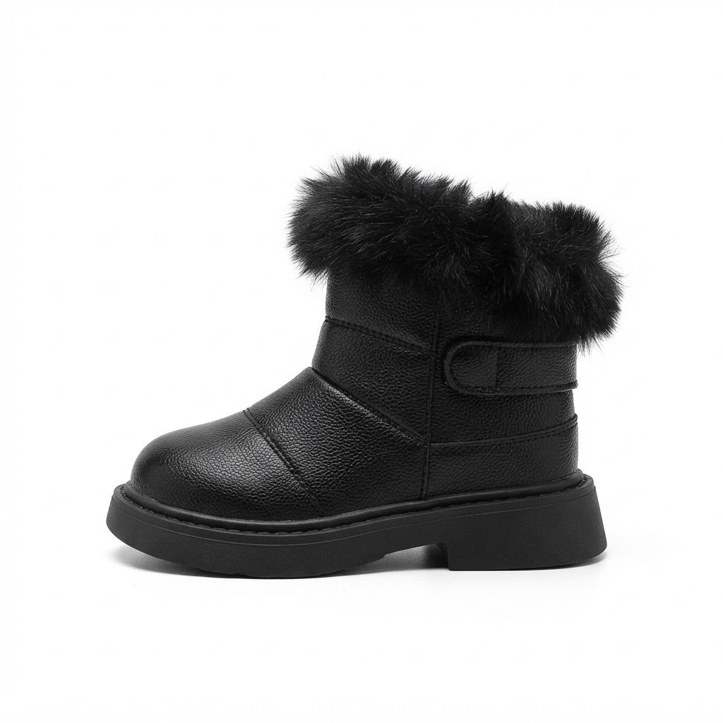A single black faux-leather ankle boot with a fluffy black faux-fur trim around the collar and a thick black platform sole, shown from a side profile on a white background.