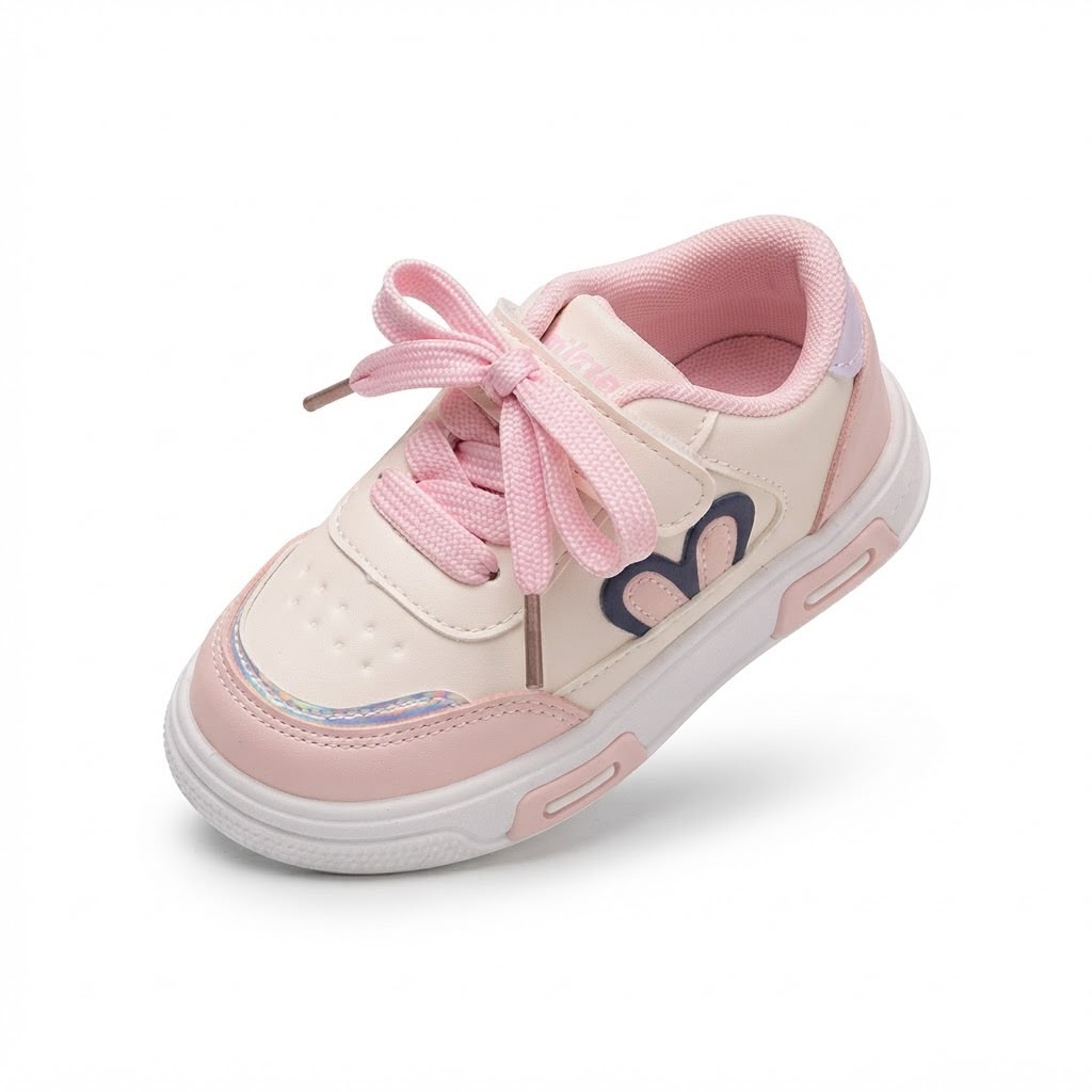 A baby's first-step sneaker in light pink and cream, featuring a matching pink laces, a heart-shaped side detail, and a white sole, shown on a clean white background.