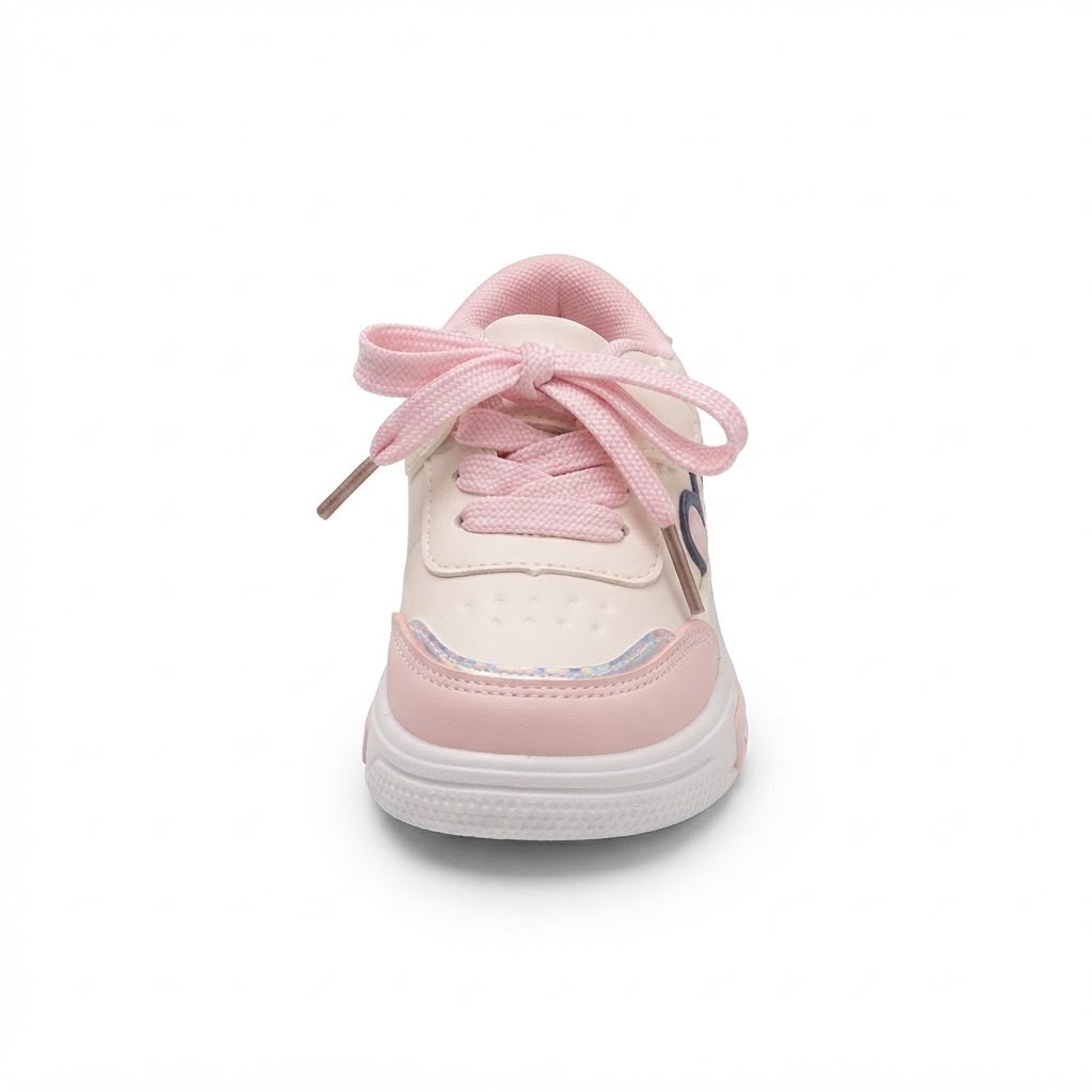 A single children's low-top sneaker shown from the back, featuring a light pink and off-white leather upper, pink laces, and a white rubber sole.