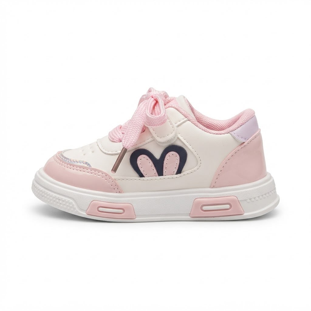 A toddler's low-top sneaker in white and light pink, featuring a dark navy heart-shaped side logo, pink laces, and a thick white sole with pink accents.