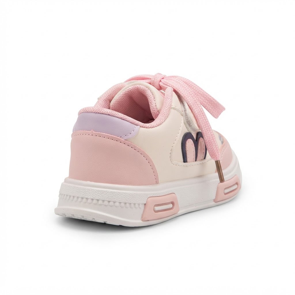 A toddler's low-top sneaker shown from a three-quarters rear angle. The shoe features a cream-colored upper with light pink overlays, matching pink laces, a light purple heel tab, and a white sole with pink accents.
