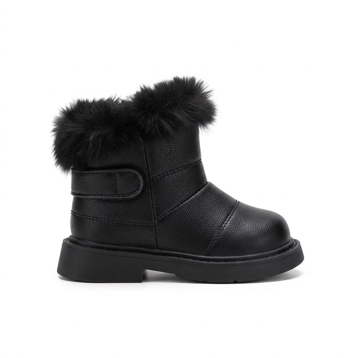 A single black faux-leather ankle boot with a fluffy black faux-fur trim at the top and a thick black block heel, shown in profile against a white background.