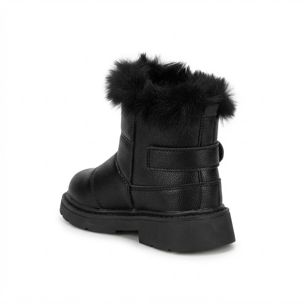 A single black ankle boot with a faux fur trim around the collar, shown from a side-rear angle on a plain white background.