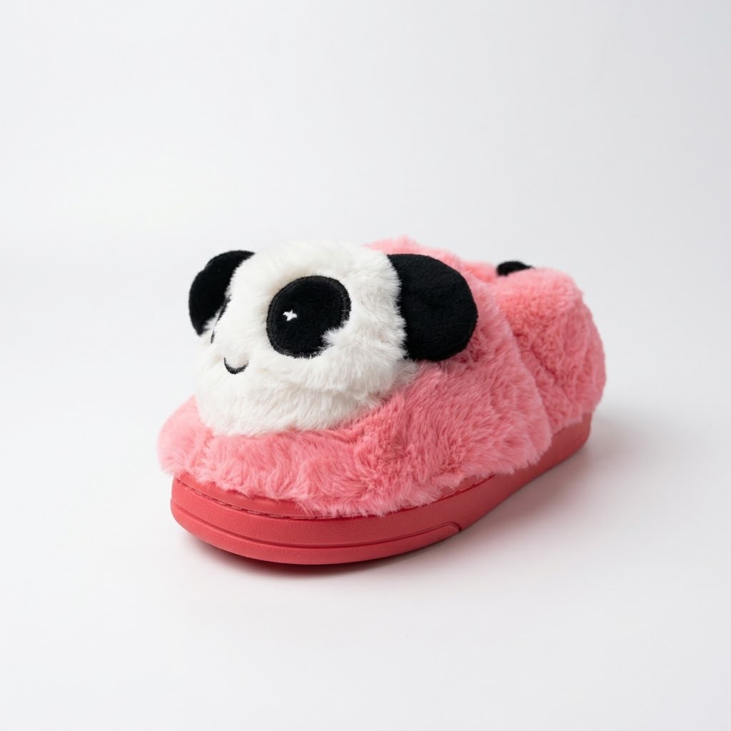 A plush panda-themed slipper with a white and black panda face on a pink fuzzy body, sitting on a red sole, photographed on a clean white background.