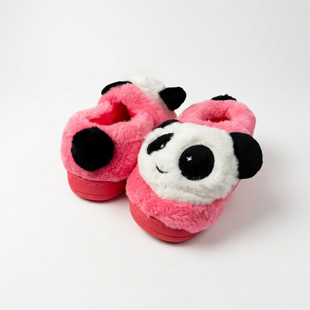 A pair of plush panda-themed slippers in pink, white, and black, photographed on a clean white background.
