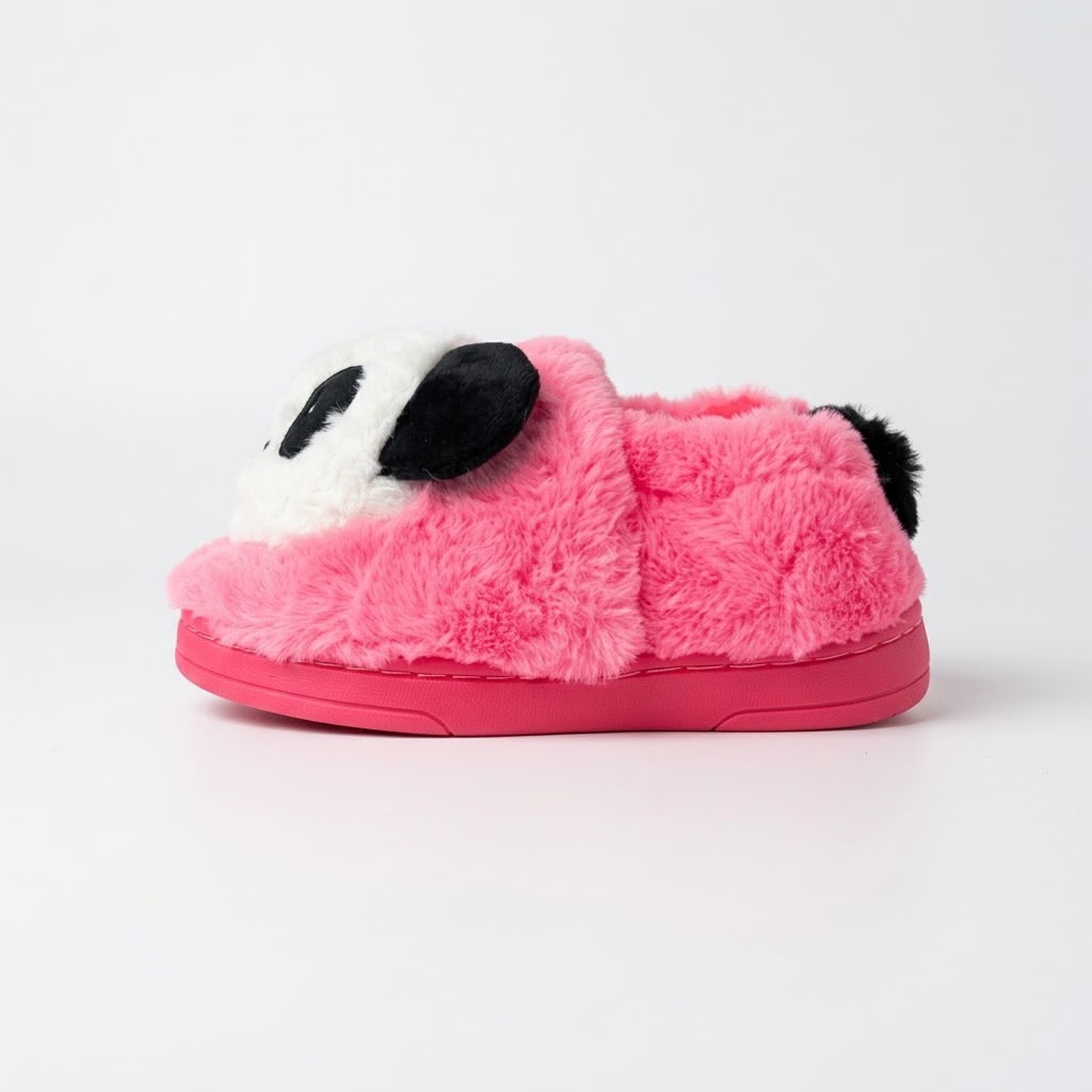 A single plush slipper with a pink faux-fur body, a white face panel, black ear details, and a pink sole, photographed on a clean white studio background.