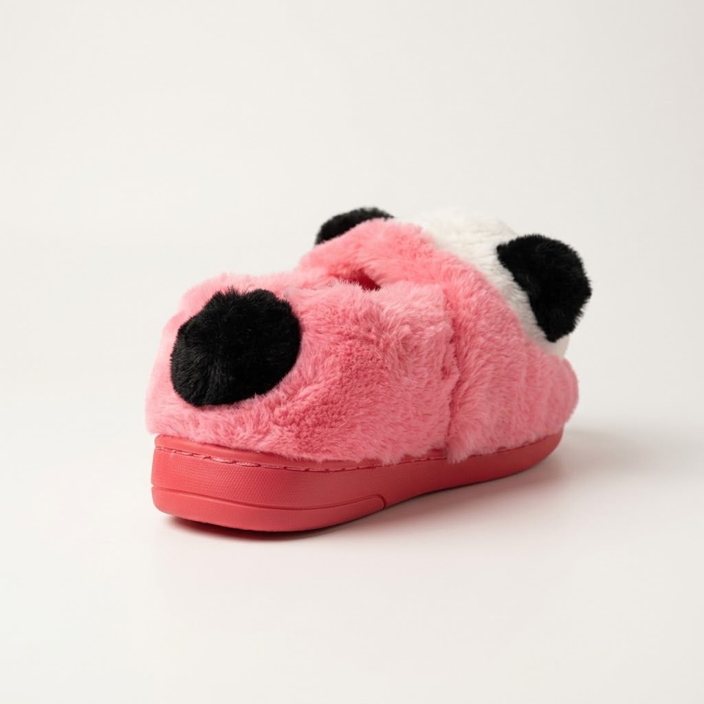 A plush pink slippers shaped like a panda face, featuring black and white ears and a red sole, photographed on a clean white background.