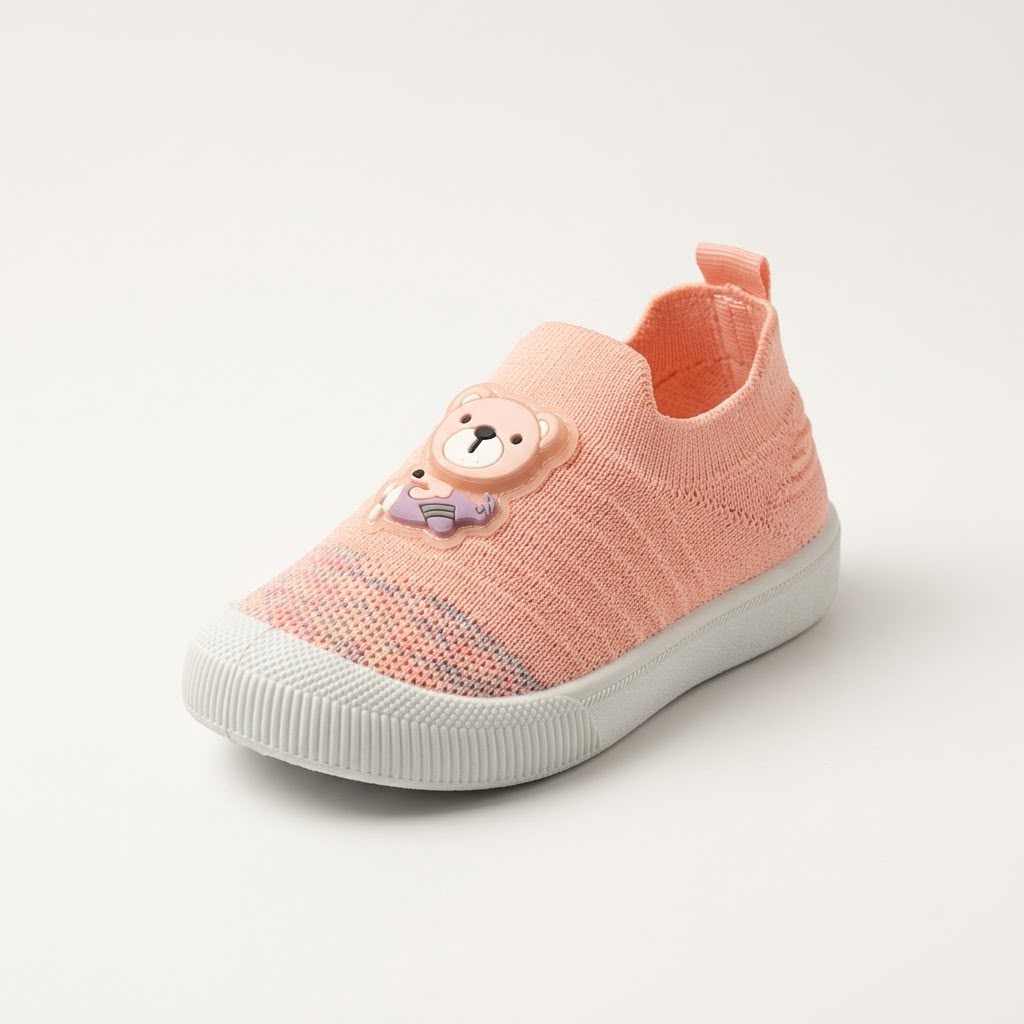 A pink knit slip-on baby shoe with a cute bear applique on the side and a white ribbed sole, shown on a light gray background.