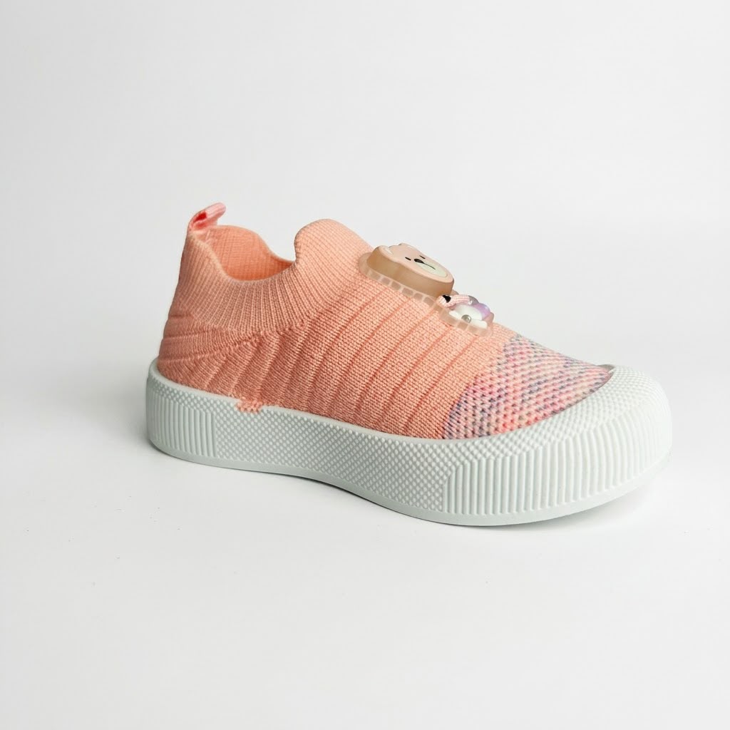 A single children's slip-on sneaker in a peach-pink color, featuring a textured knit upper, a speckled patterned toe cap, and a chunky light gray sole.