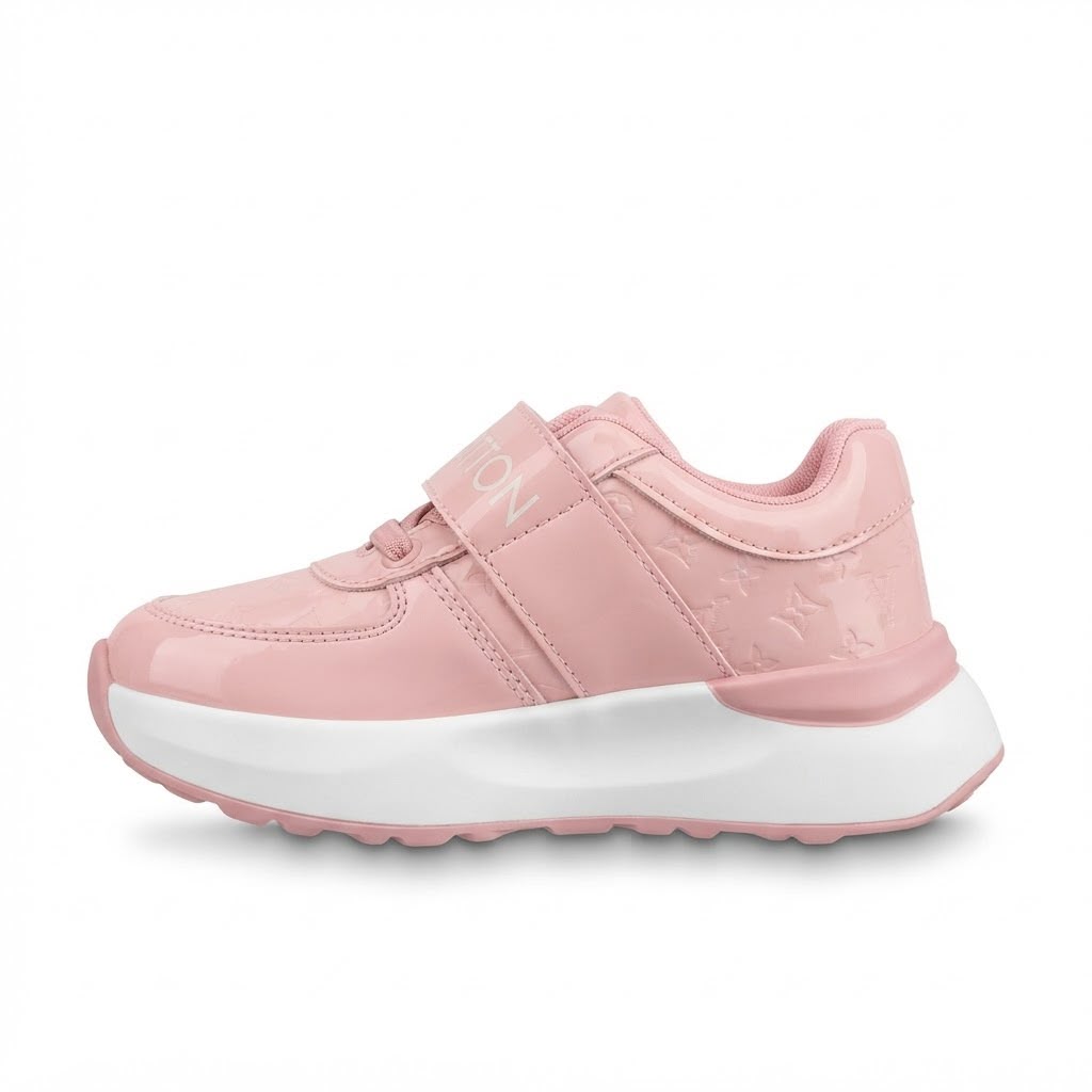 A light pink children's sneaker with a hook-and-loop strap and a chunky white sole, shown from the side on a white background.