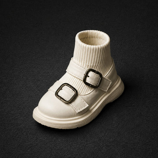 A single off-white ankle boot with a ribbed knit sock-like collar and two large square buckle straps, photographed on a dark textured background.