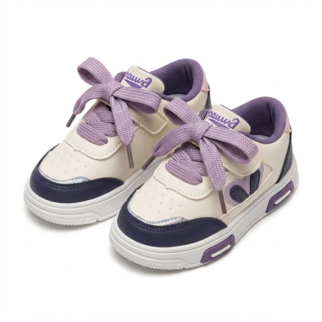 A pair of toddler sneakers in cream, purple, and navy blue, featuring matching purple laces tied in bows, shown on a white background.