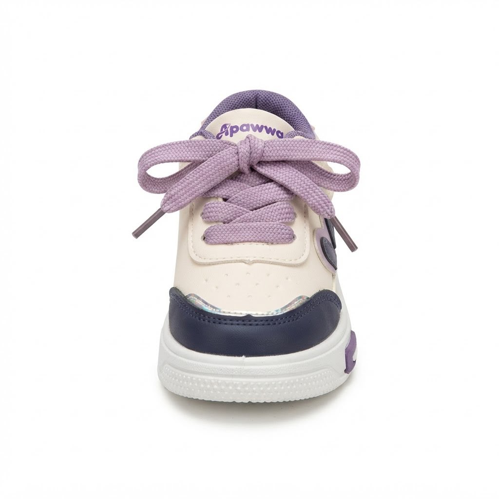 A child's low-top sneaker shown from the front on a white background. The shoe features an off-white leather upper, a navy blue toe cap, lavender purple laces, and a white rubber sole.