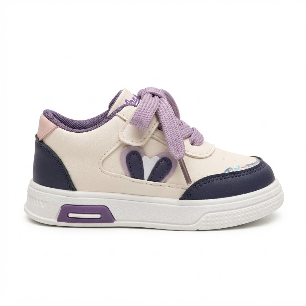 A toddler's low-top sneaker in off-white and navy blue with purple accents, including the laces, heel tab, and side heart detail, shown against a plain white background.