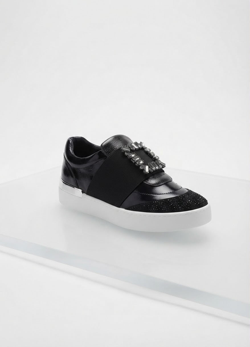Girls Trendy Silver Clip Heel Shiny Crystal Velcro Sneakrs