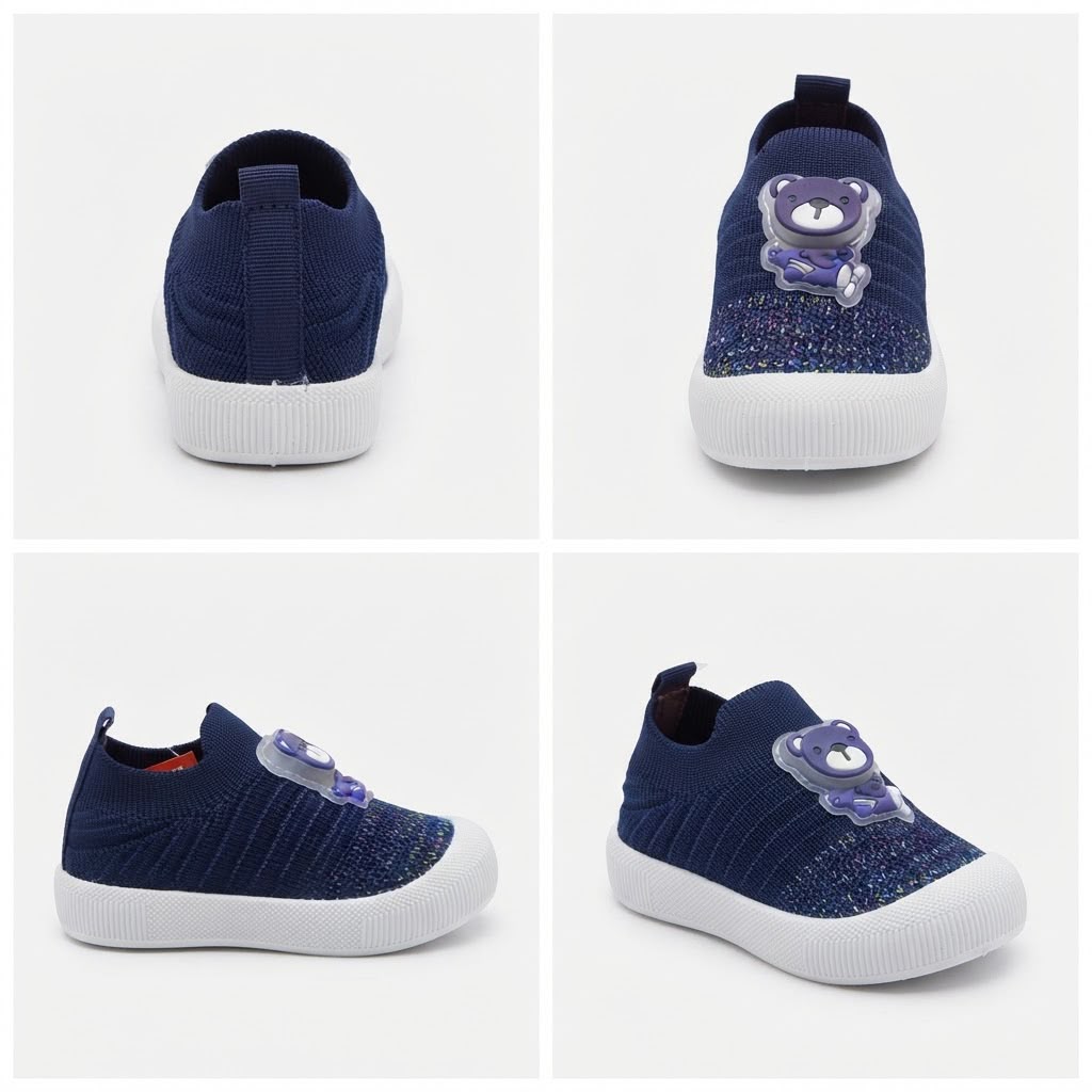 A four-panel product collage showing a pair of navy blue knit slip-on baby shoes from multiple angles on a light gray background. Each shoe has a white sole and a purple bear-shaped hook-and-loop strap closure.