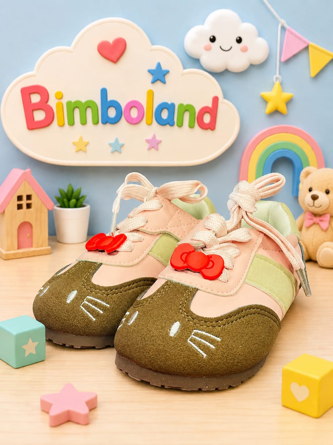 Brown suede leather kids GAT sneakers with velcro strap and bow laces