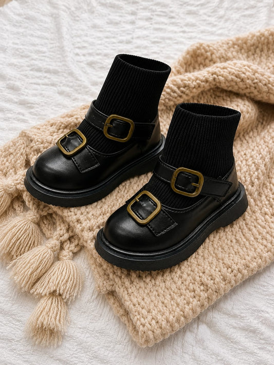 Black Toddler Girls Double Buckle Knitted Sock Boots