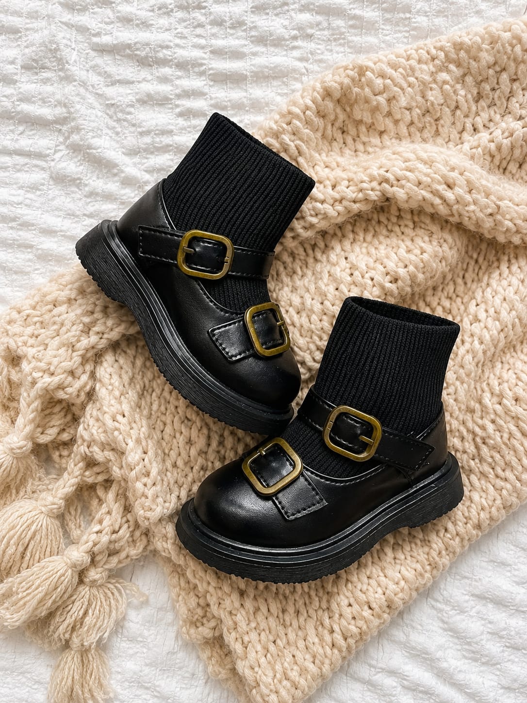 Black Toddler Girls Double Buckle Knitted Sock Boots