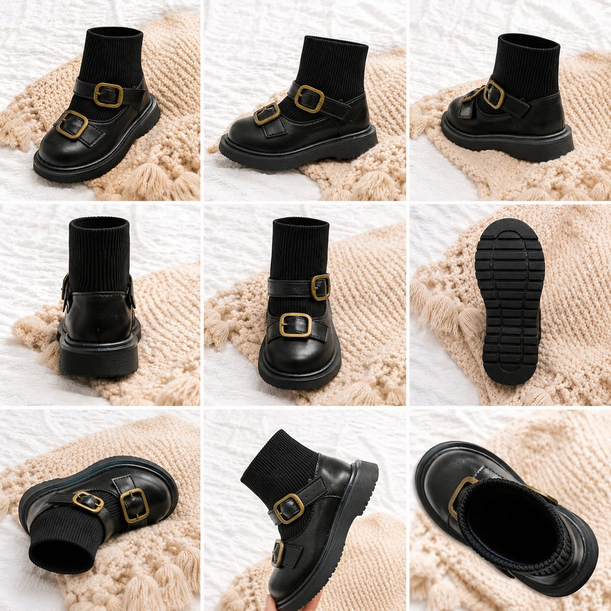 Black Toddler Girls Double Buckle Knitted Sock Boots