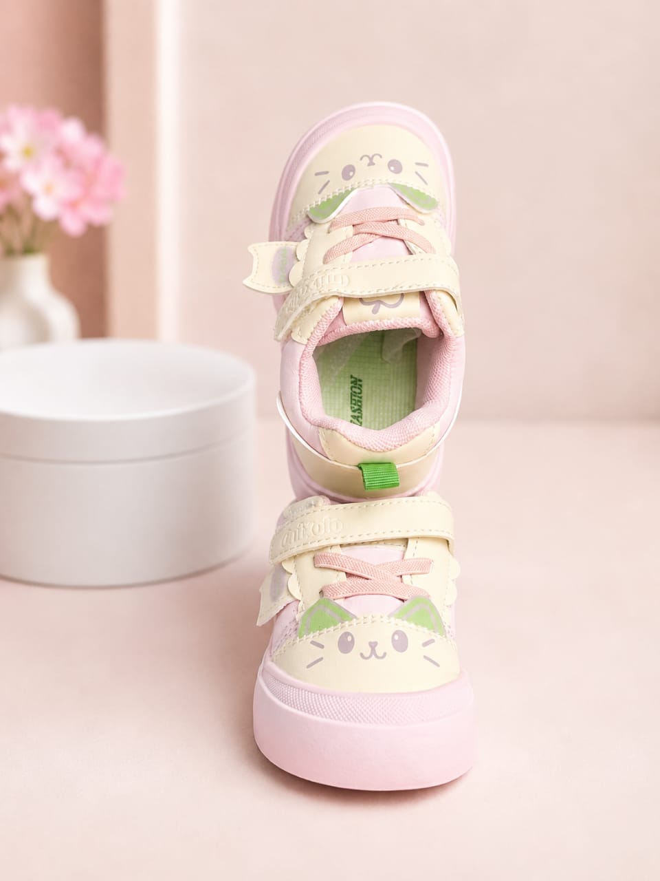 Cute Pink and Ceam Cat Face Baby Girls Sneakers with soft material and Velcro Strap