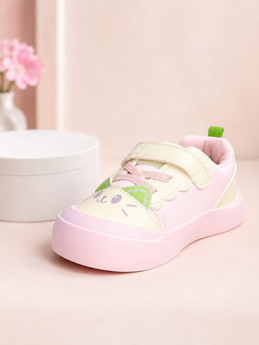 Cute Pink and Ceam Cat Face Baby Girls Sneakers with soft material and Velcro Strap