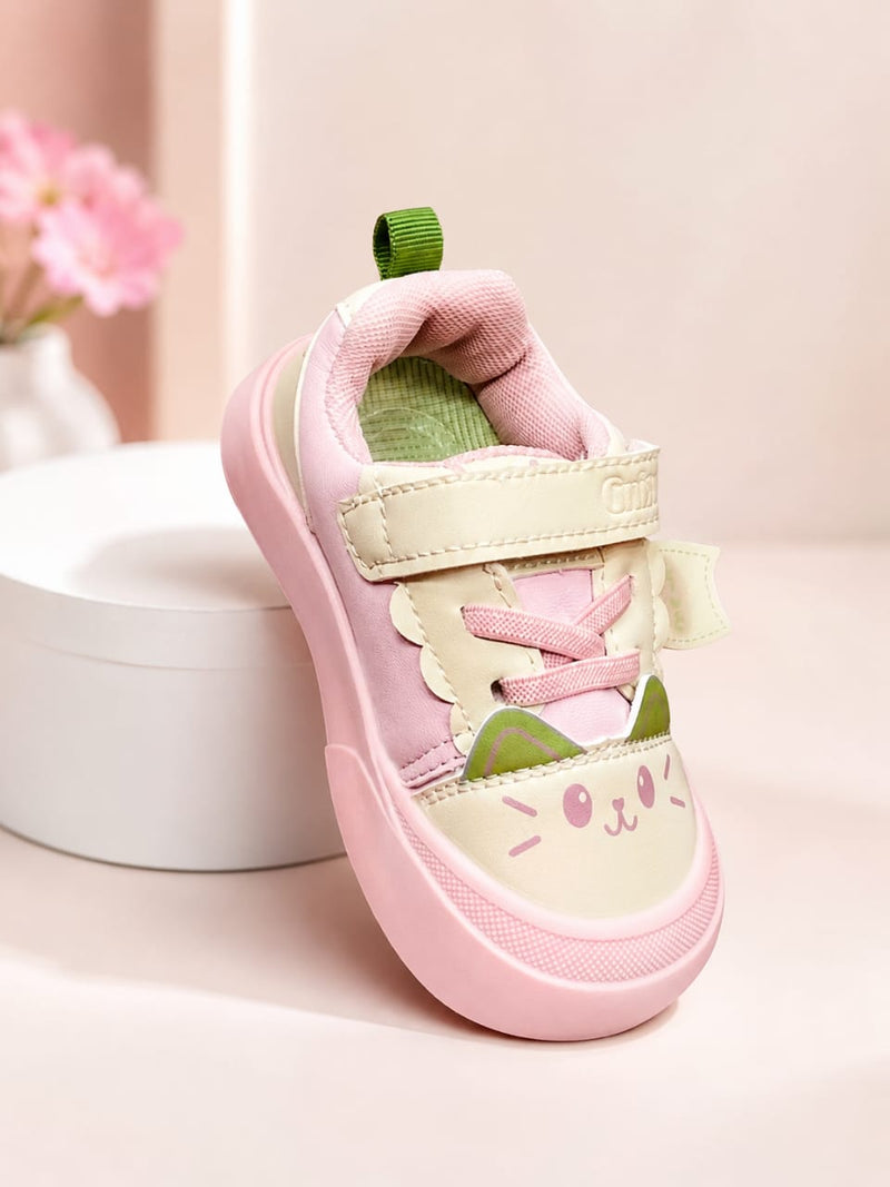 Cute Pink and Ceam Cat Face Baby Girls Sneakers with soft material and Velcro Strap