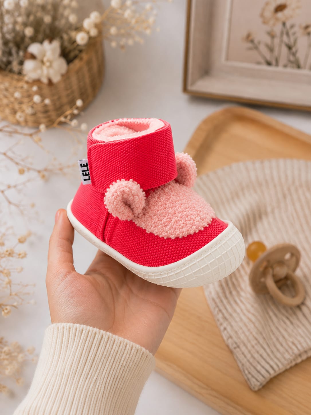 Cute red high-top baby first-walker shoes with fluffy pink teddy ears, secure velcro strap, and white non-slip rubber sole.