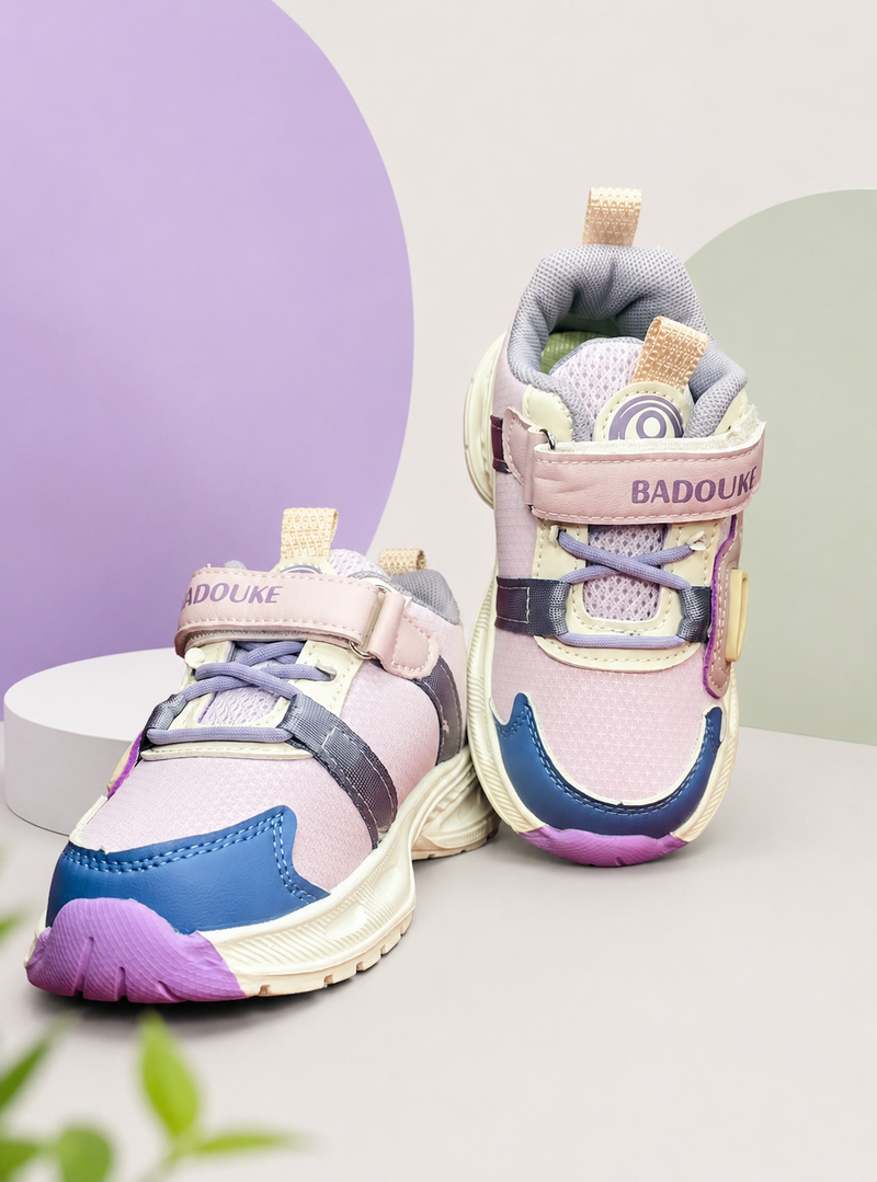 "Kids pastel purple and blue chunky sneakers with breathable mesh, hook and loop velcro strap, and non-slip rubber sole."