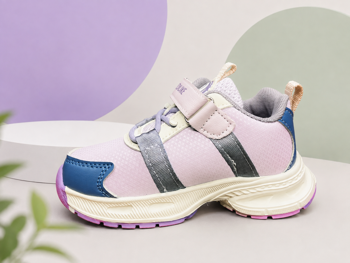 "Kids pastel purple and blue chunky sneakers with breathable mesh, hook and loop velcro strap, and non-slip rubber sole."