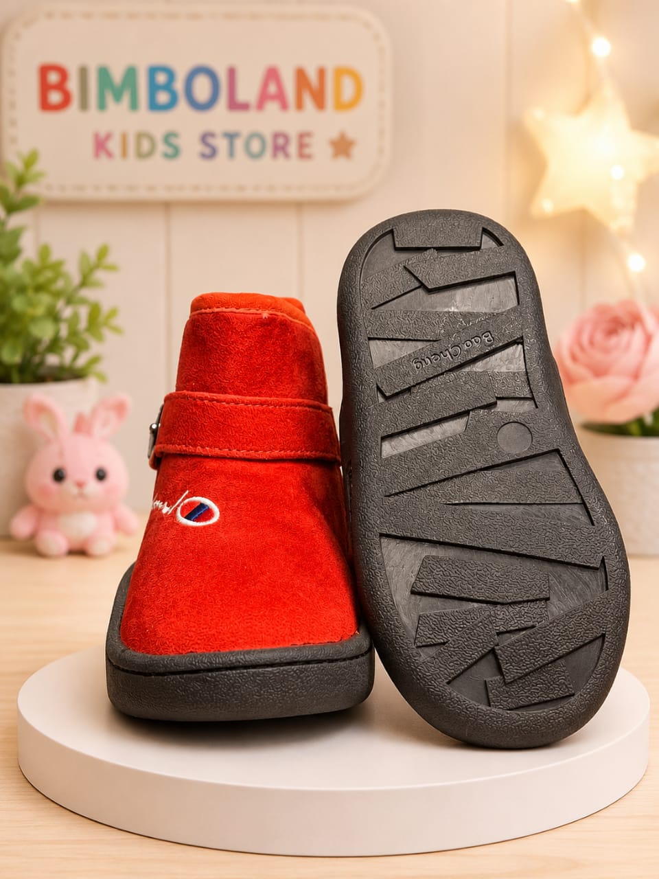 Red suede ankle boots for kids with fur lining, buckle strap, and chunky black sole