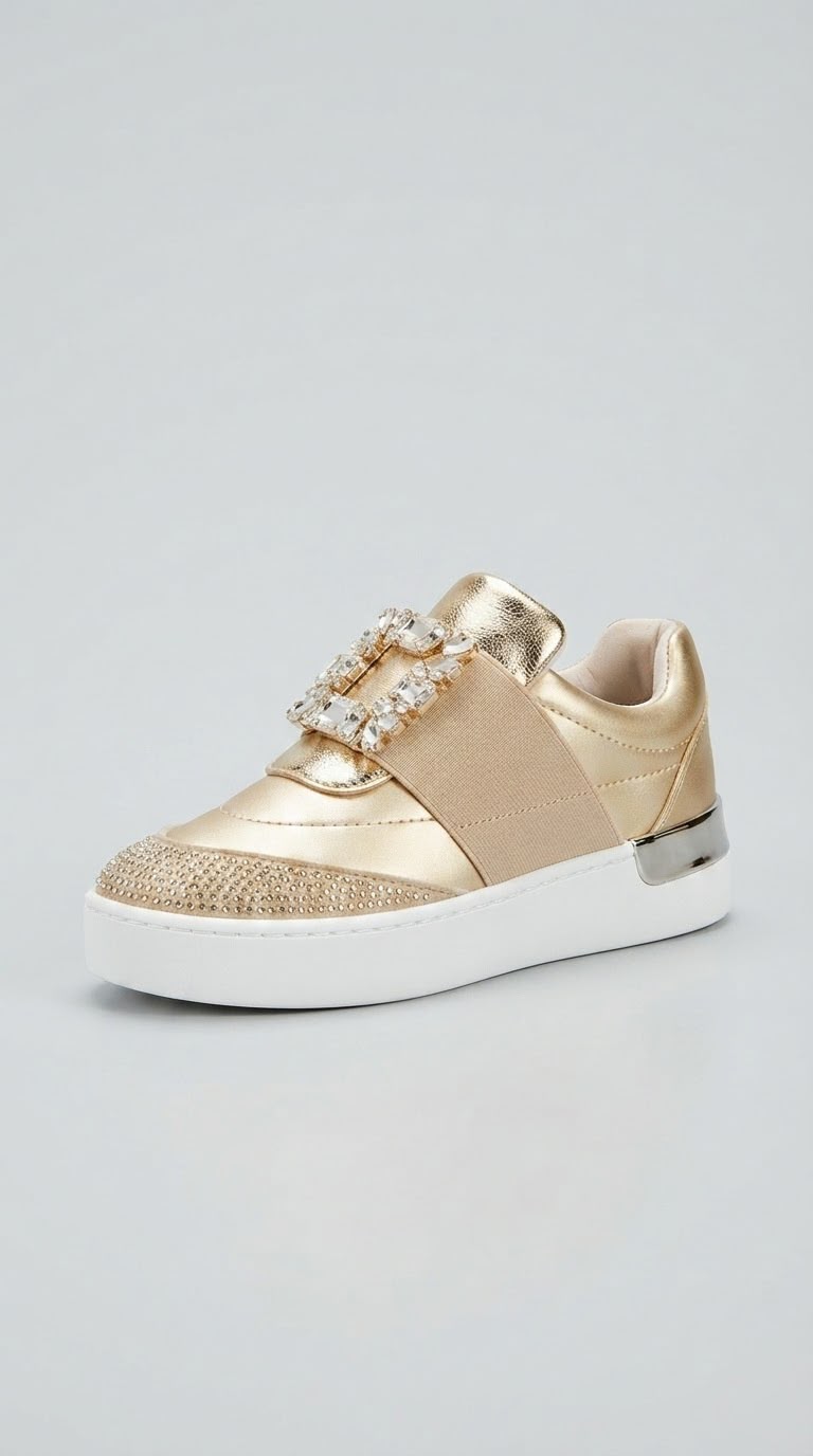 A metallic gold low-top sneaker with a textured glitter toe cap, a decorative rhinestone-embellished strap across the instep, and a chunky white platform sole with a silver heel accent.