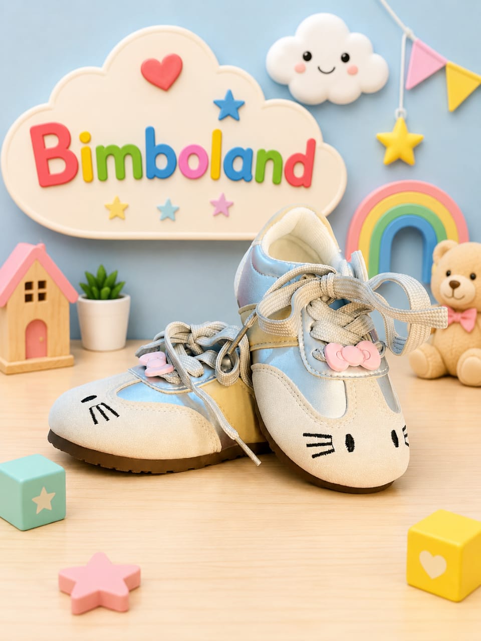 Silver suede leather kids GAT sneakers with velcro strap and bow laces