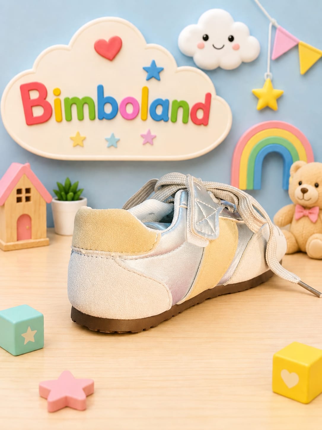 Silver suede leather kids GAT sneakers with velcro strap and bow laces